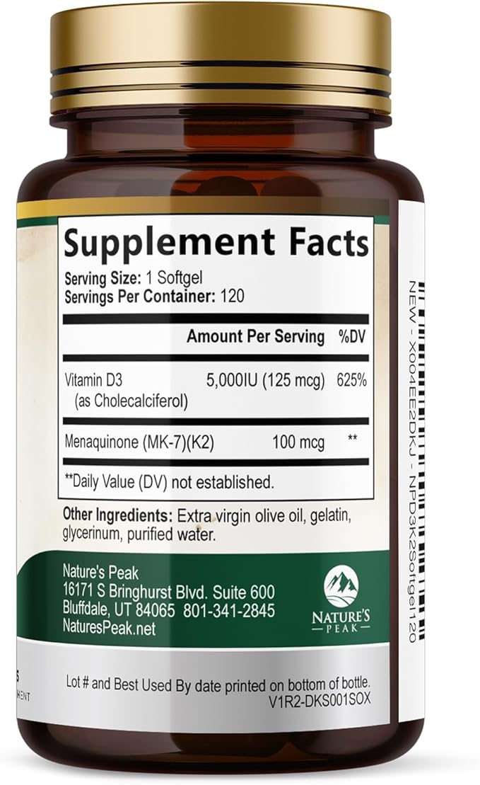 D3 K2 Vitamin - 5000 IU D3 Per Serving - High Potency Vitamin D3 Supplement - Advanced 2-in-1 Complex Vitamin D & Vitamin K2 (MK7) - Easy to Swallow, Bone & Immune Support - USA Bottled - 120 Softgels