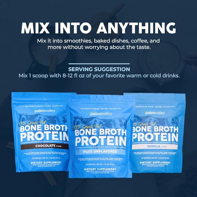 Paleovalley 100% Grass Fed Beef Bone Broth Protein Powder - Rich in Collagen Peptides for Hair, Skin, Gut Health, Bone and Joint Support - 13g Protein Per Serving - No Gluten or GMOs - Vanilla