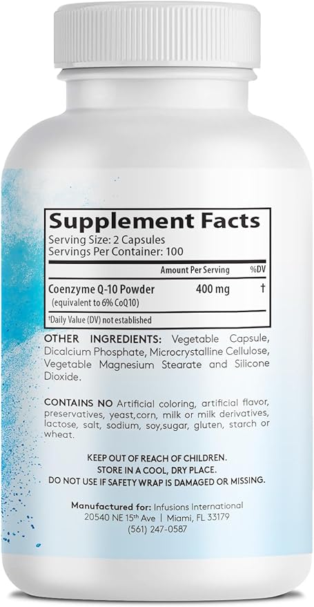 Infusions Pure Extra Strength CoQ10 400mg 200 Capsules High Absorption Gluten Free Non-GMO