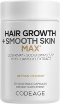 Codeage Hair Growth + Smooth Skin Max Vitamins Supplement - Patented Lustriva & SOD B Dimpless Superoxide Dismutase - Hair Growth Health Skin Cellulite Support - Biotin, Vitamin C, MSM - 30 Capsules