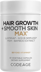Codeage Hair Growth + Smooth Skin Max Vitamins Supplement - Patented Lustriva & SOD B Dimpless Superoxide Dismutase - Hair Growth Health Skin Cellulite Support - Biotin, Vitamin C, MSM - 30 Capsules