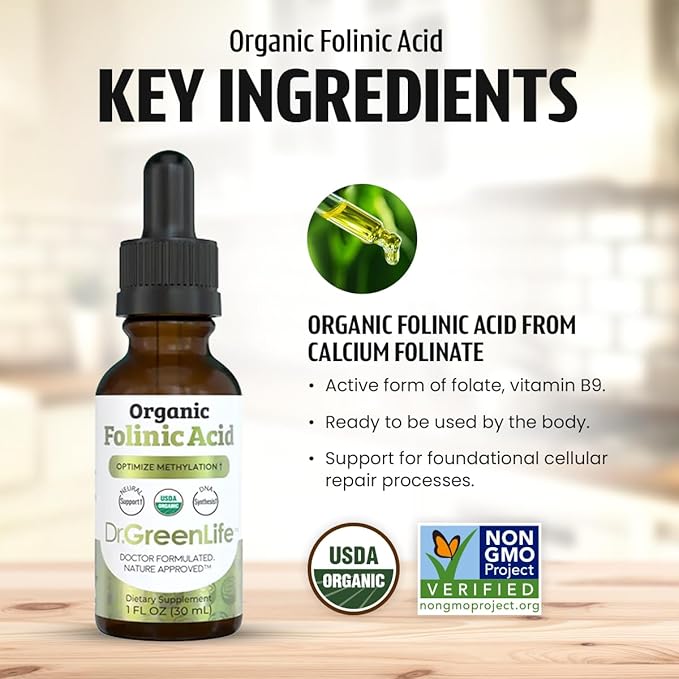 Dr. Green Mom USDA Organic Folinic Acid Drops - 500 mcg per Drop | Methylation Support B9 Supplements for Kids & Adults | Supports Neurological Function, Nervous System Health & DNA Synthesis