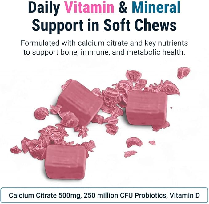 BariatricPal Sugar-Free Calcium Citrate Soft Chews | 500mg with Vitamin D & Probiotics | Strawberry Twist | 90 Count (1 Month Supply)