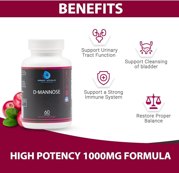 D-Mannose with Cranberry, Dandelion & Hibiscus Extract - Aids in Bladder, Urinary Tract Support, Flush Impurities - Ultra Absorption Gluten Free & Non GMO | 60 Capsules