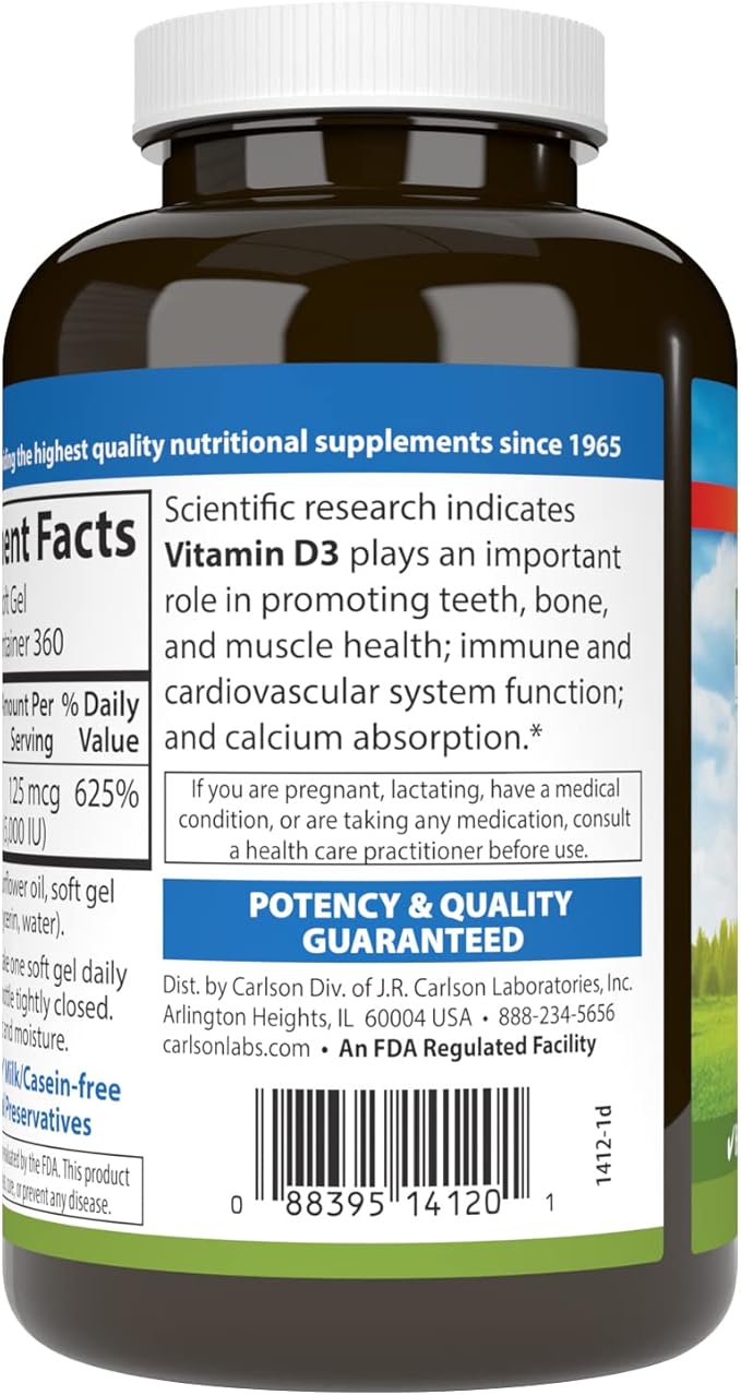 Carlson Vitamin D3 5,000 IU, Bone Health, 360 Soft Gels