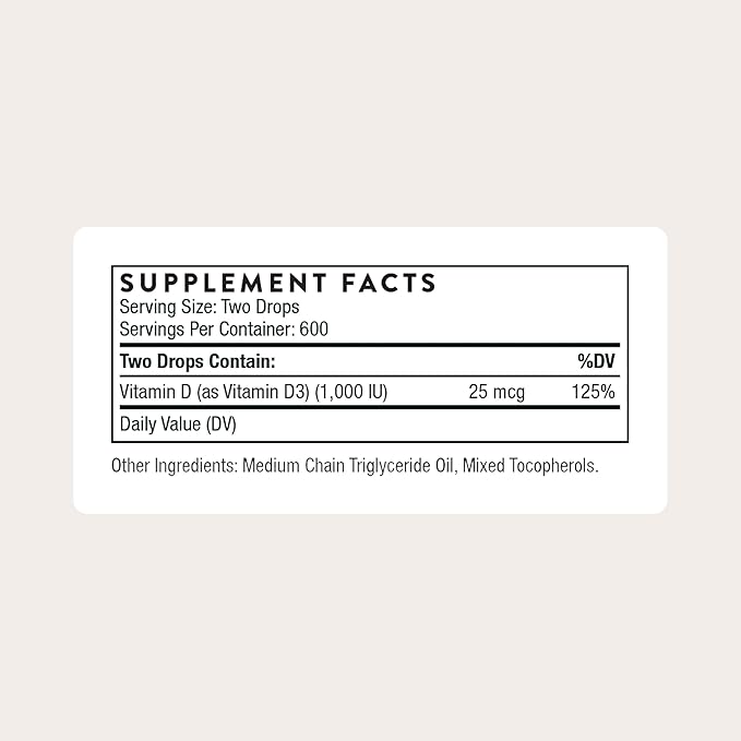 THORNE - Vitamin D Liquid - Vitamin D Supplement - Supports Healthy Bones and Muscles, Cardiovascular Health & Immune Function* - 1 Fl Oz (30 ml) - 600 Servings