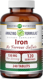 Amazing Formulas Iron as Ferrous Sulfate Supplement | 130 Mg per Serving | 240 Tablets | Non-GMO | Gluten-Free | Made in USA