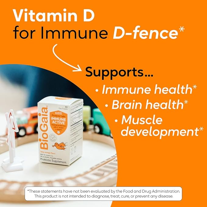 BioGaia Immune Active Kids | Probiotic + Vitamin D | for Digestive & Immune Health | Ages 3+ | Allergen, Dairy, Soy & Gluten Free | Trusted By Pediatricians | 60 Day Supply | Orange Flavored Chewable