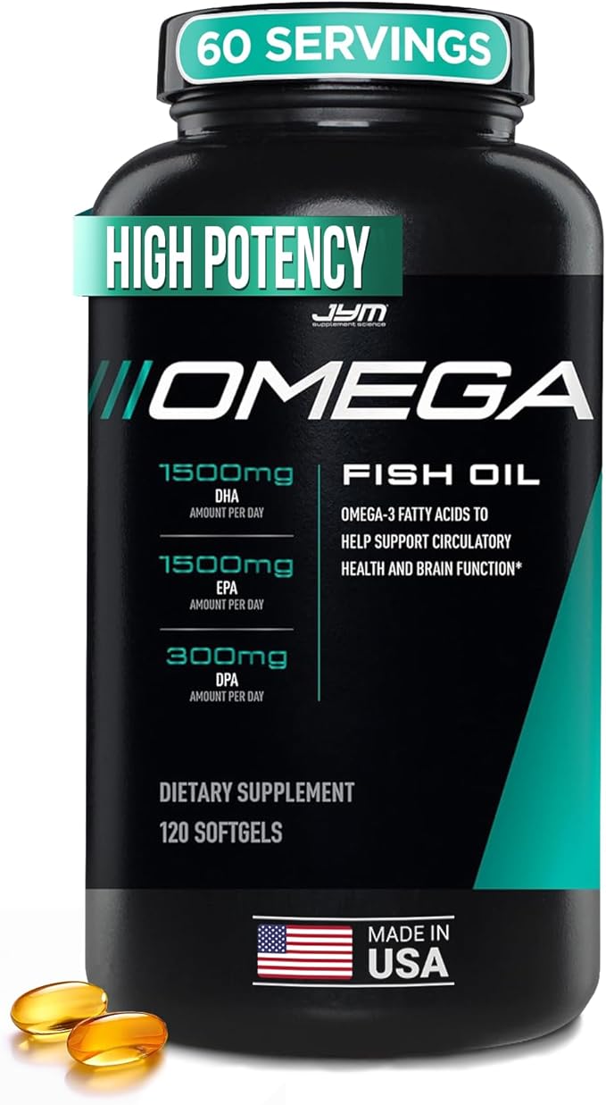 JYM Supplement Science Omega JYM Fish Oil 2800mg, High Potency Omega 3, EPA, DHA, DPA for Brain, Heart, & Joint Support 120 Soft Gels