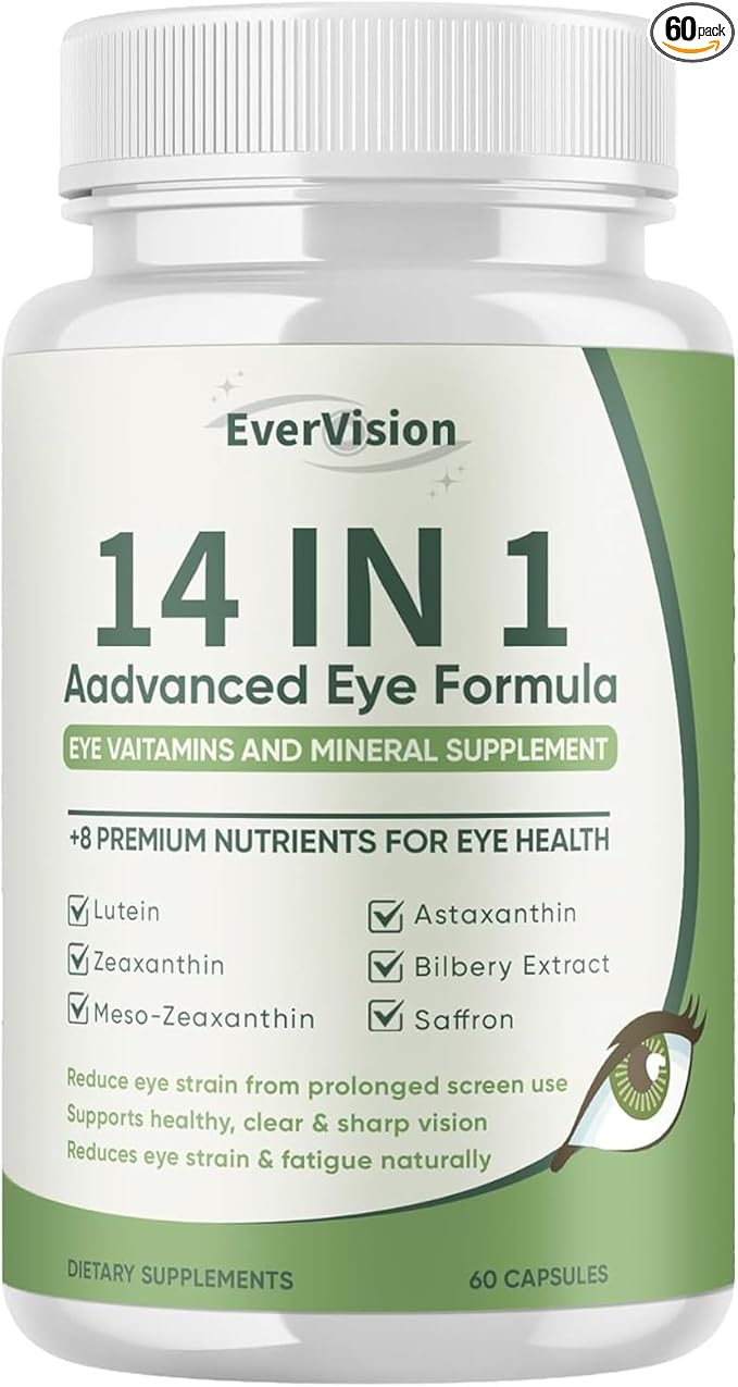 14 in 1 Advanced Eye Formula, Eye Supplement with Lutein, Zeaxanthin, Astaxanthin, Bilberry Extract & Zinc, Eye Vitamin and Mineral Supplement for Adults & Seniors, 60 Capsules (1)