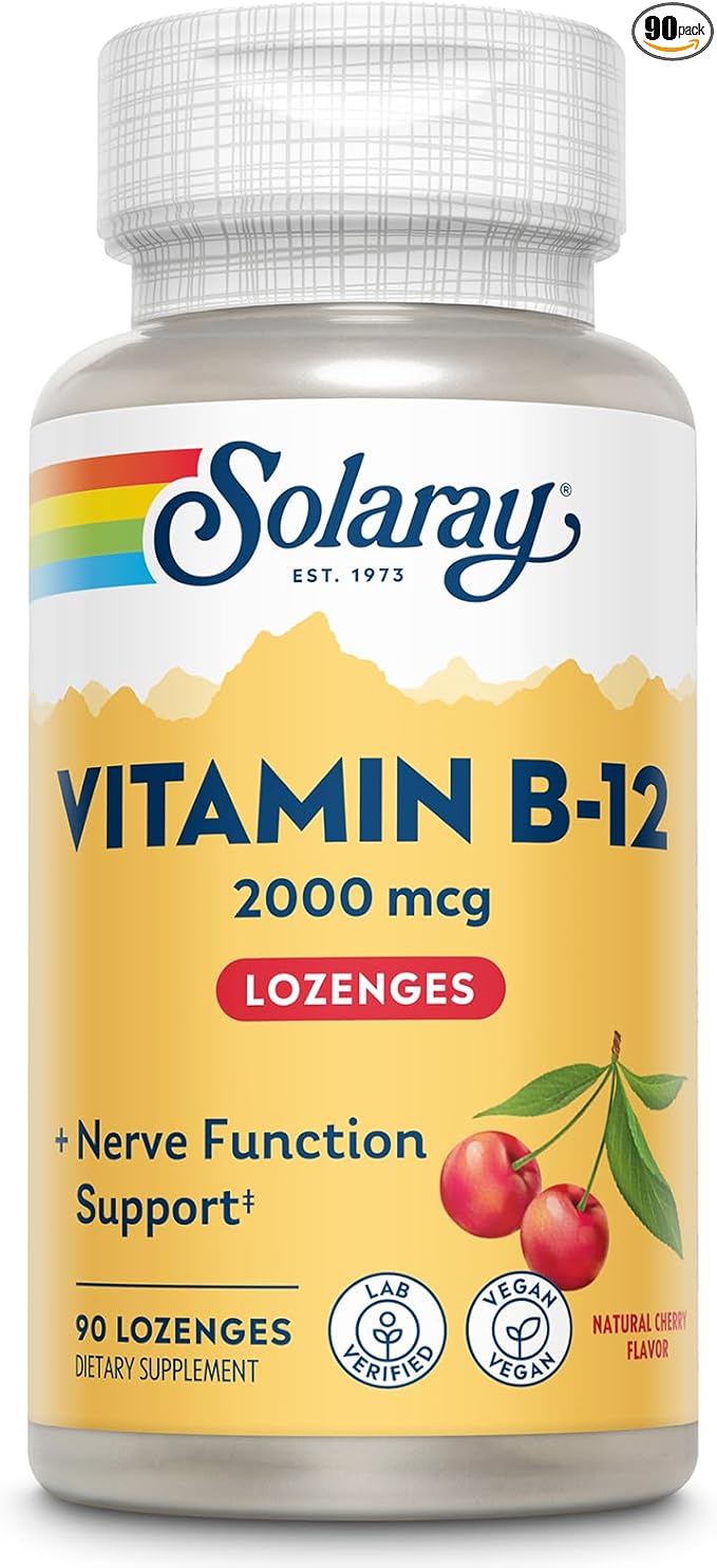 SOLARAY Vitamin B12 2000 mcg Lozenges - No Sugar, Natural Cherry Flavor Vitamin B 12 Supplement for Nerve Function, Energy and Red Blood Cell Support - Lab Verified, Vegan - 90 Servings, 90 Lozenges