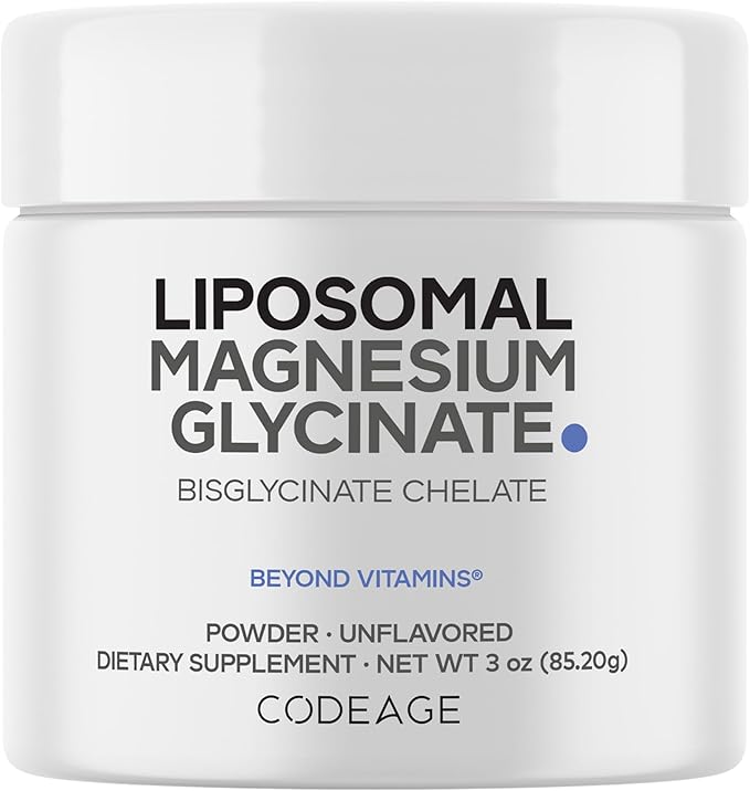 Codeage Magnesium Glycinate Powder Supplement, 2-Month Supply, Bisglycinate Magnesium Chelate, Unflavored, Liposomal Delivery, Chelated Magnesium Powder Mineral, Non-GMO Vegan, 3 oz
