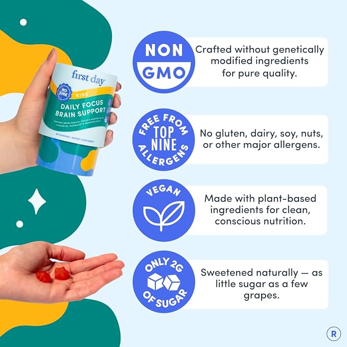 FIRST DAY Kids Focus & Brain Supplement Gummies Ages 4+ | Attention & Calm Support with Cognizin® Citicoline & Phosphatidylserine | Organic, Vegan | 30-Day Supply