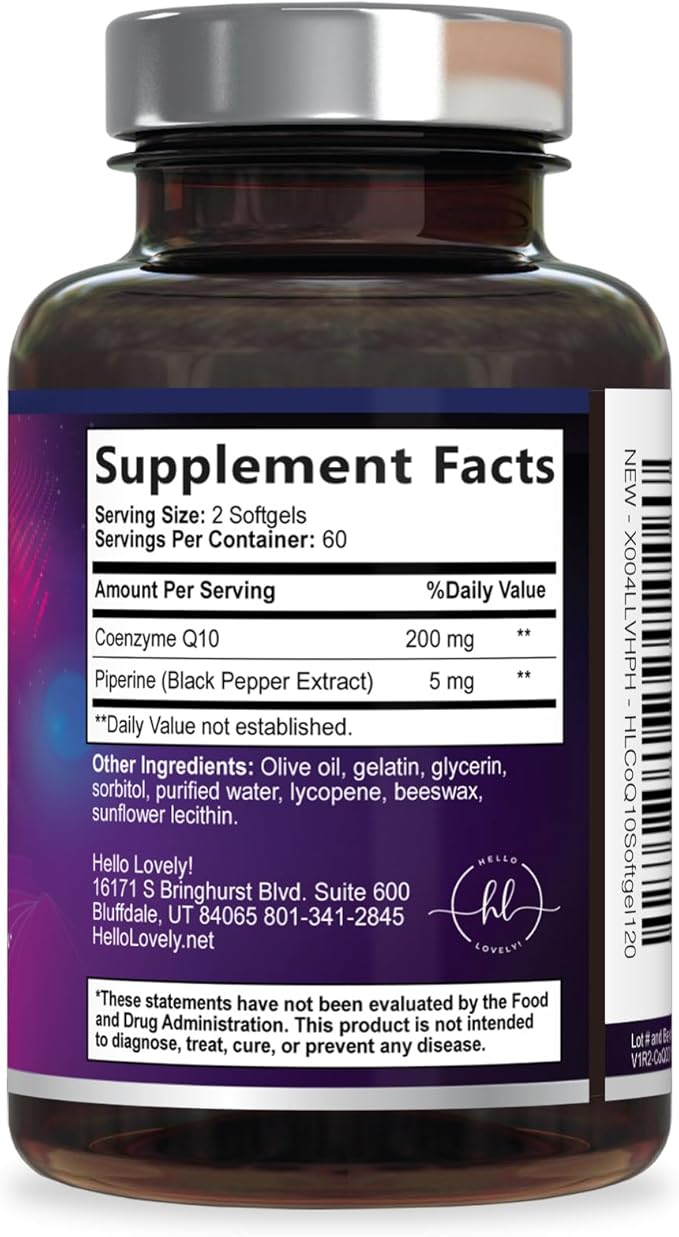 Coenzyme Q10 200mg per Serving Supplement - Ultra High Absorption, Antioxidant for Heart Health & Energy Production Support - CoQ10 (Ubiquinone) Co Q 10 Supplement & Vitamins 100mg Each - 120 Softgels