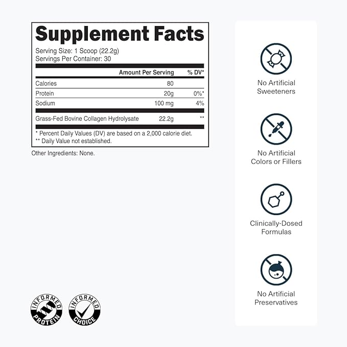 Grass-Fed Collagen Peptides Powder - Unflavored Collagen Powder for Women & Men, 22G Grassfed Bovine Hydrolyzed Collagen Peptides for Skin, Hair, Bones & Muscle Recovery - 30 Servings