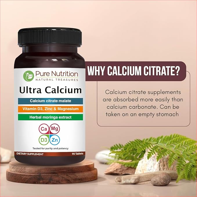 Pure Nutrition Ultra Calcium 1000mg with VIT D3 + K | 180 Tabs (90 X Pack of 2) | Calcium Supplement with Calcium Citrate Malate, VIT D3, K, Moringa Oleifera, Magnesium and Zinc.