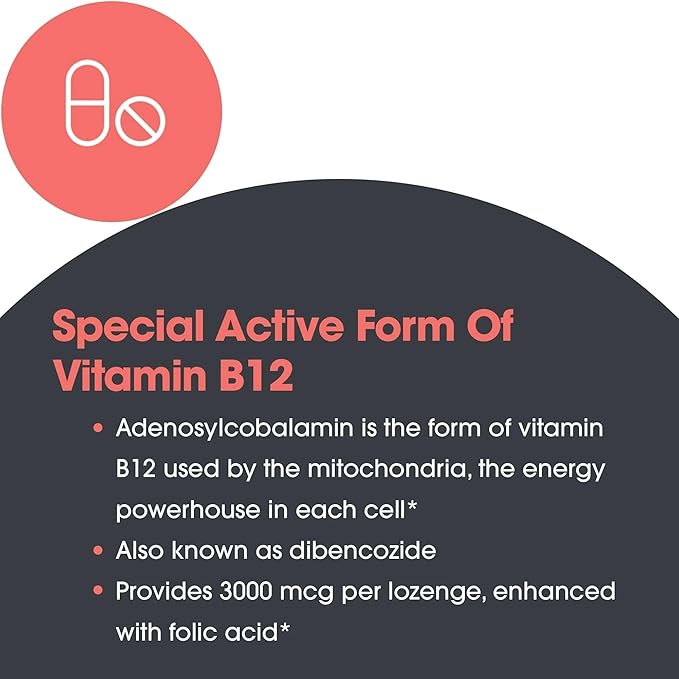 Nutricology B12 Adenosylcobalamin Supplement - with Folic Acid, Vitamin B12 3000 mcg, Folate, Pure B12, Vegetarian Lozenges - 60 Count