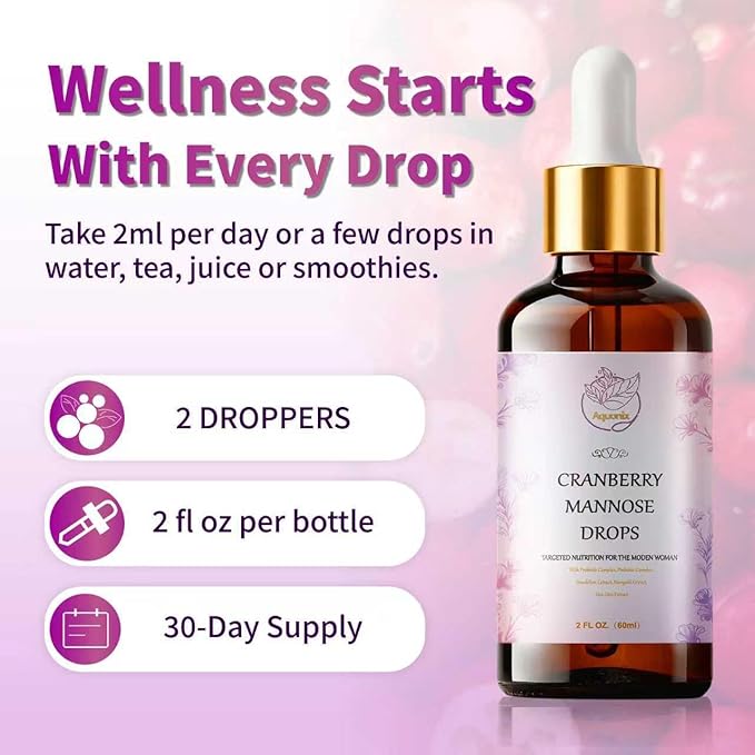 Cranberry & D-Mannose Drops for Women - Urinary* Tract Support - Liquid Herbal Tincture Supplement - Sugar-Free, Fast Absorption, 2 fl oz