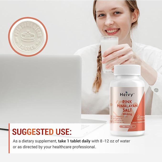 Heivy Pink Himalayan Salt Tablets 1000mg - Sodium Chloride 988mg, Non-GMO, Mineral-Rich Electrolyte Balance and Hydration, 365 Salt Tablets-Eectrolyte Supplement