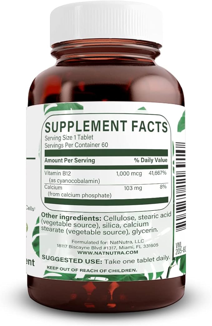 Natural Nutra Vitamin B12 1000 mcg, Cobalamin B 12 Supplement, Calcium Phosphate, Help in Metabolism Health, Supports Nervous System, Optimal Absorption, Gluten Free, Sugar Free, 60 Vegan Tablets