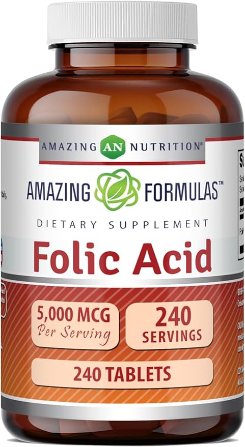 Amazing Formulas Folic Acid 5000 Mcg per Serving | Tablets Supplement | Non-GMO | Gluten-Free | Made in USA (1 Pack | 240 Count)