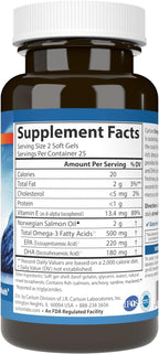 Carlson Salmon Oil, 500mg Omega-3s, Wild-Caught Norwegian Fish Oil, Sustainably Sourced, 50 Softgels