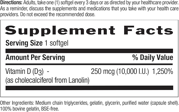 Country Life Vitamin D3 10,000 IU – High Potency Non-Fish Source – Bone & Immune Support – Certified Gluten-Free – 200 Softgels