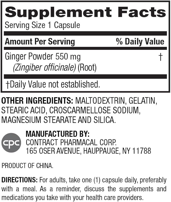Earth's Splendor Ginger Root 550 mg Supplement for Men & Women, Supports Digestive Health, No Artificial Color or Preservatives (550 mg, 100 Capsules)