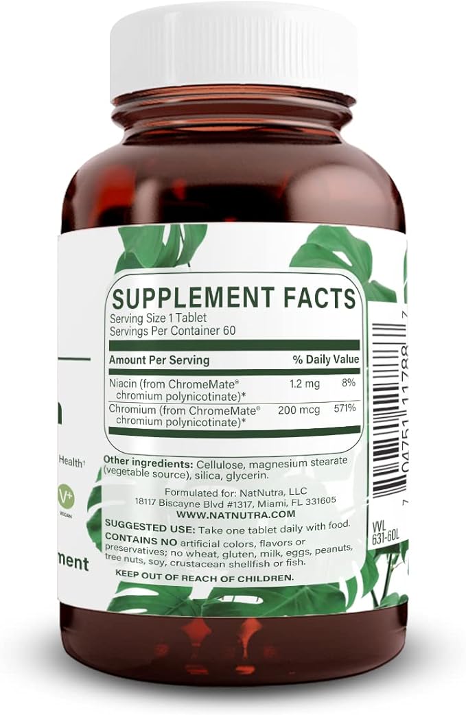Natural Nutra GTF Chromium Polynicotinate with ChromeMate, Supports Body Metabolism, Promote Body Health, Cardiovascular Health 200 mcg, 60 Vegan Tablets