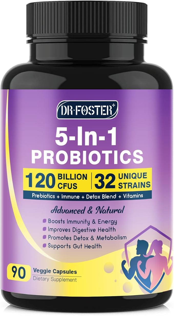 DRFOSTER Probiotics for Women & Men Digestive Health，120 Billion CFUs, Prebiotics and Probiotics for Gut Health, D3, Zinc & Immune Support Herbs, Detox Cleanse, 45 Day - 3 Month Supply