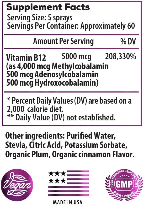 Ideal Infusion B-Bomb Triple B12 Vitamin Liquid Spray: Methylcobalamin, Adenosylcobalamin, Hydroxocobalamin - Nerve Health and Energy Booster- 5000 mcg, Keto, Sugar Free (Organic CinnaPlum)