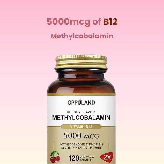 Methyl B-12 5000mcg Chewable with Folate - Vitamin B12 Methylcobalamin Sublingual Tablets - Supports Energy & Brain Function - Vegan Supplement - Cherry Flavor - 120 Count