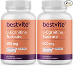 BESTVITE L-Carnitine Tartrate 500mg per Capsule (240 Capsules)(120x2) - No Stearates - Non GMO - Gluten Free - Supports Heart Health & Energy Production*