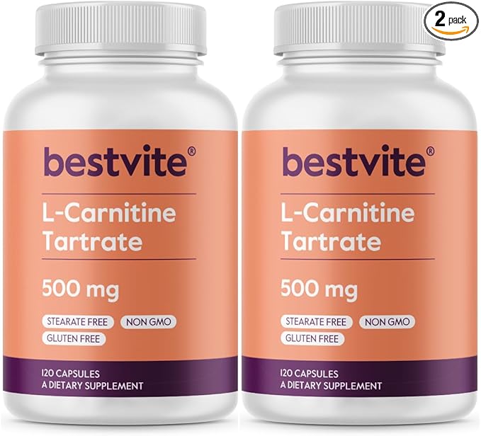 BESTVITE L-Carnitine Tartrate 500mg per Capsule (240 Capsules)(120x2) - No Stearates - Non GMO - Gluten Free - Supports Heart Health & Energy Production*