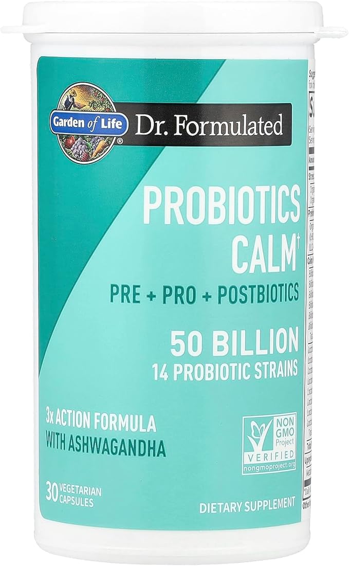 Garden of Life Dr. Formulated Pre, Post & Probiotics Calm 50 Billion CFU Daily 3-in-1 Complete Supplement with Ashwagandha – Mood Support, Digestive & Immune Support, 30 Vegetarian Capsules
