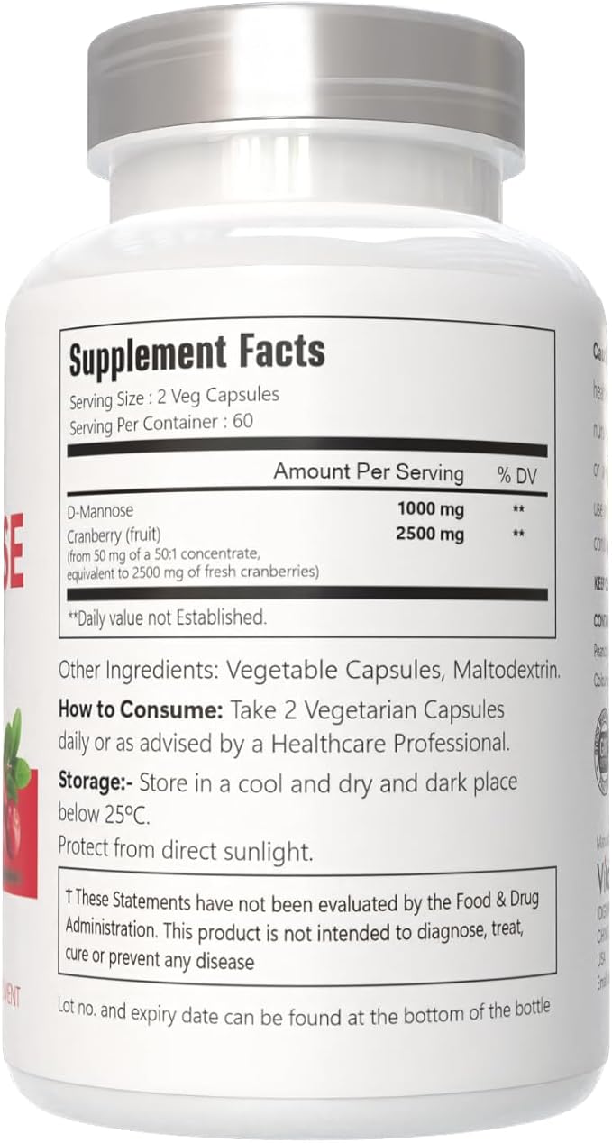D-Mannose with Cranberry Extract, Vegan Capsules 120 Count 3500 mg Blend, 100% Vegetarian, Non-GMO & Gluten Free