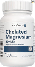 Chelated Magnesium Bisglycinate, 200mg, 120 Vegan Capsules, 60 Servings, Gluten Free, Non-GMO, and Vegetarian Friendly