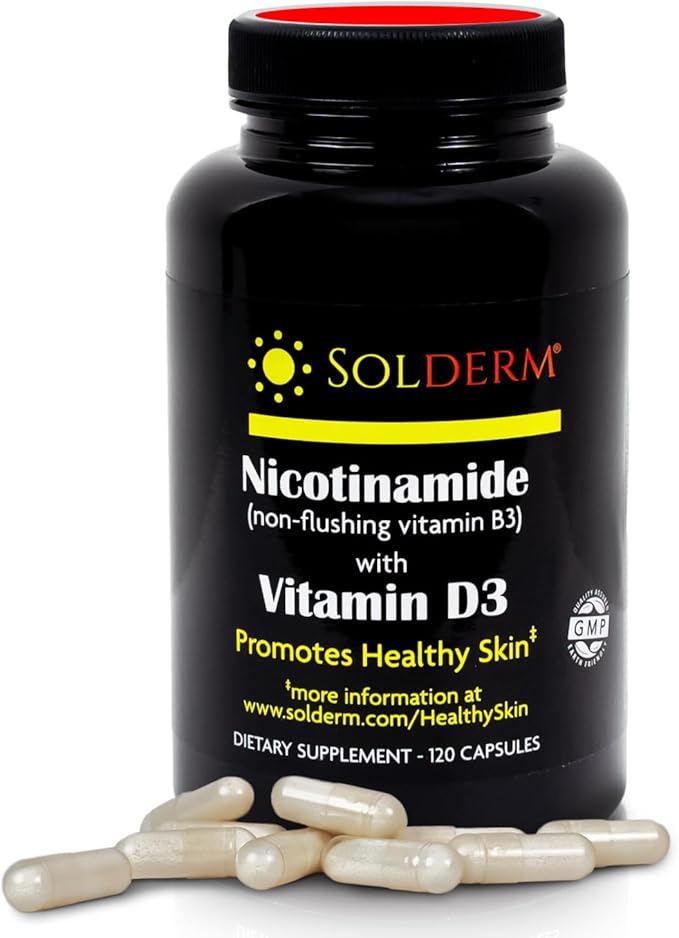 Nicotinamide Non-Flushing Vitamin B3 and D3 Supplement | Vegetarian and Gluten-Free Oral Nicotinamide Supplement with Vegetable Cellulose Casings | Promotes Healthy Skin | 60 Capsules | 500mg