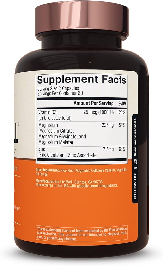 Live Conscious Magwell Magnesium Zinc & Vitamin D3 - Magnesium Glycinate, Malate, & Citrate - Triple Supplement for Women & Men - for Sleep, Bone, Heart, Immune Support - 120 Caps