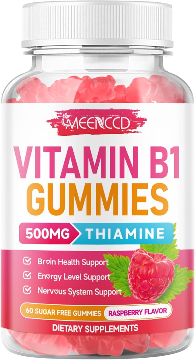 MEENCCD Vitamin B1 Gummies 500mg, Thiamine B1 Supplement Supports Energy Production, B1 Vitamin for Adults & Kids, Sugar-Free, Vegan, Raspberry Flavor, 60 Count