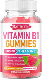 MEENCCD Vitamin B1 Gummies 500mg, Thiamine B1 Supplement Supports Energy Production, B1 Vitamin for Adults & Kids, Sugar-Free, Vegan, Raspberry Flavor, 60 Count
