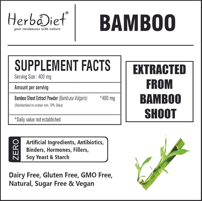 Herbadiet Bamboo Extract Powder | Supports Healthy Skin, Hair & Nails | Natural Hair Supplement with 70% Silica (50 gram / 1.76 oz)