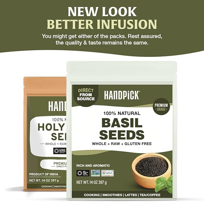 HANDPICK Holy Basil Seeds (397g/14oz) Gluten free, Raw Sabja, Tukmaria Seeds from India, Packed in Resealable Zip Lock Pouch