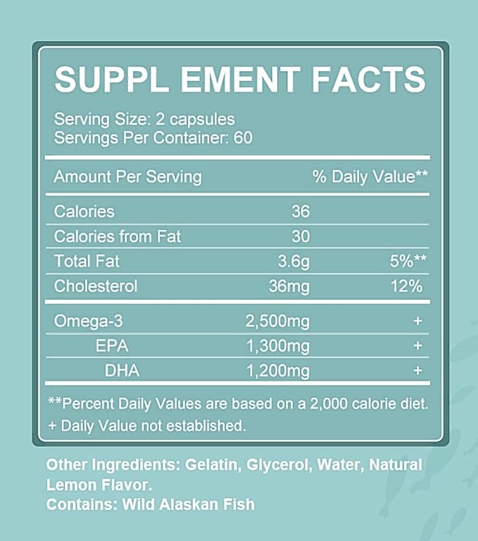 Triple Strength Wild Alaskan Fish Oil, Omega-3 2500mg, EPA 1,300mg + DHA 1,200mg, Supplement for Heart and Joint Health, 2 Month Supply, 120 Softgels