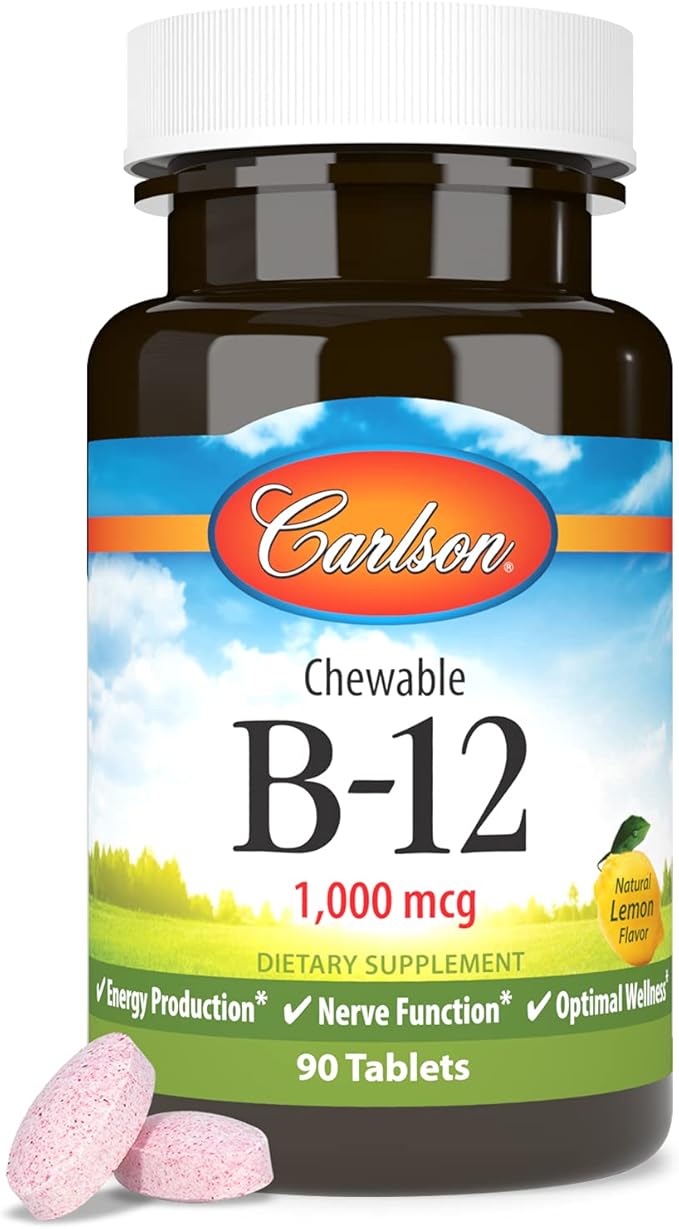 Carlson - Chewable B-12, 1000 mcg, Energy Production & Nerve Function, Optimal Wellness, Lemon, 90 Tablets