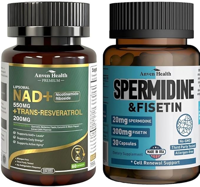 Liposomal NAD+ Nicotinamide Riboside Supplement 550mg with Trans-Resveratrol + Spermidine & Fisetin Supplement - 20mg of 99% Spermidine