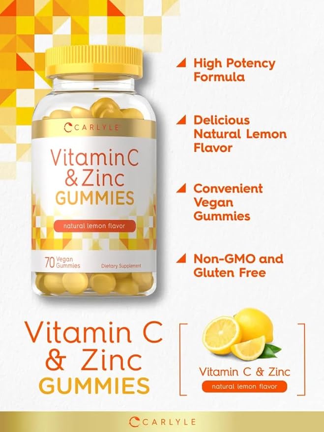 Carlyle Vitamin C and Zinc Gummies | 70 Count | Lemon Flavor | Vegan, Non-GMO, and Gluten Free Supplement