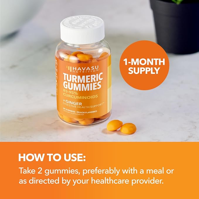 Turmeric Gummies with Ginger Root Extract - Digestive Health and Immune Support Supplement for Overall Wellness - 60 Count - Vegan, Non-GMO Curcumin Vitamin - Peach Flavor, 1 Month Supply