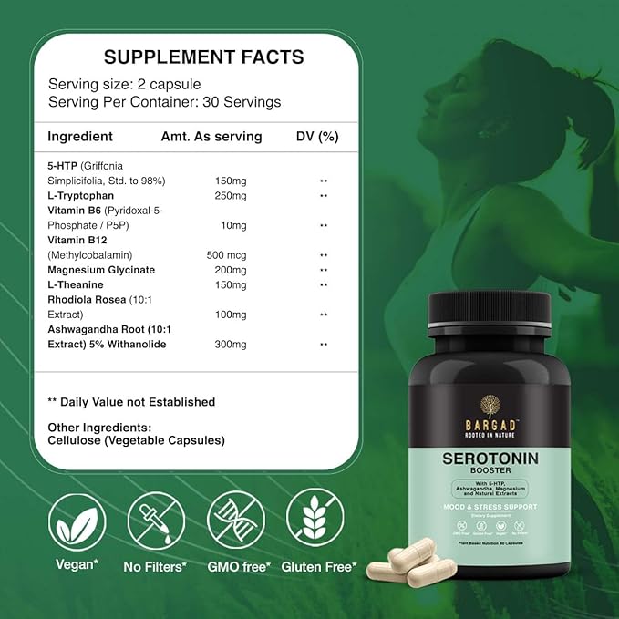 Serotonin Support Supplement – Helps Boosts 5HTP, Serotonin & Cortisol Levels, Herbal Blend – Promotes Positive Mood, Calmness, Stress Relief | Happy Mood & Brain Support | 60 Capsule