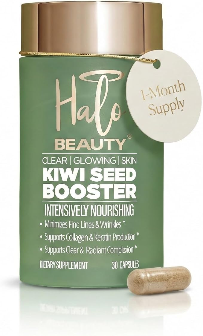 Halo Beauty Kiwi Seed Booster Skin Supplement | Skin Brightening & Anti-Aging Hydration with Kiwi Seed, Vitamin C, D3, MSM & Zinc | Vegan Collagen Support Capsules | Made in USA | 1-Month Supply
